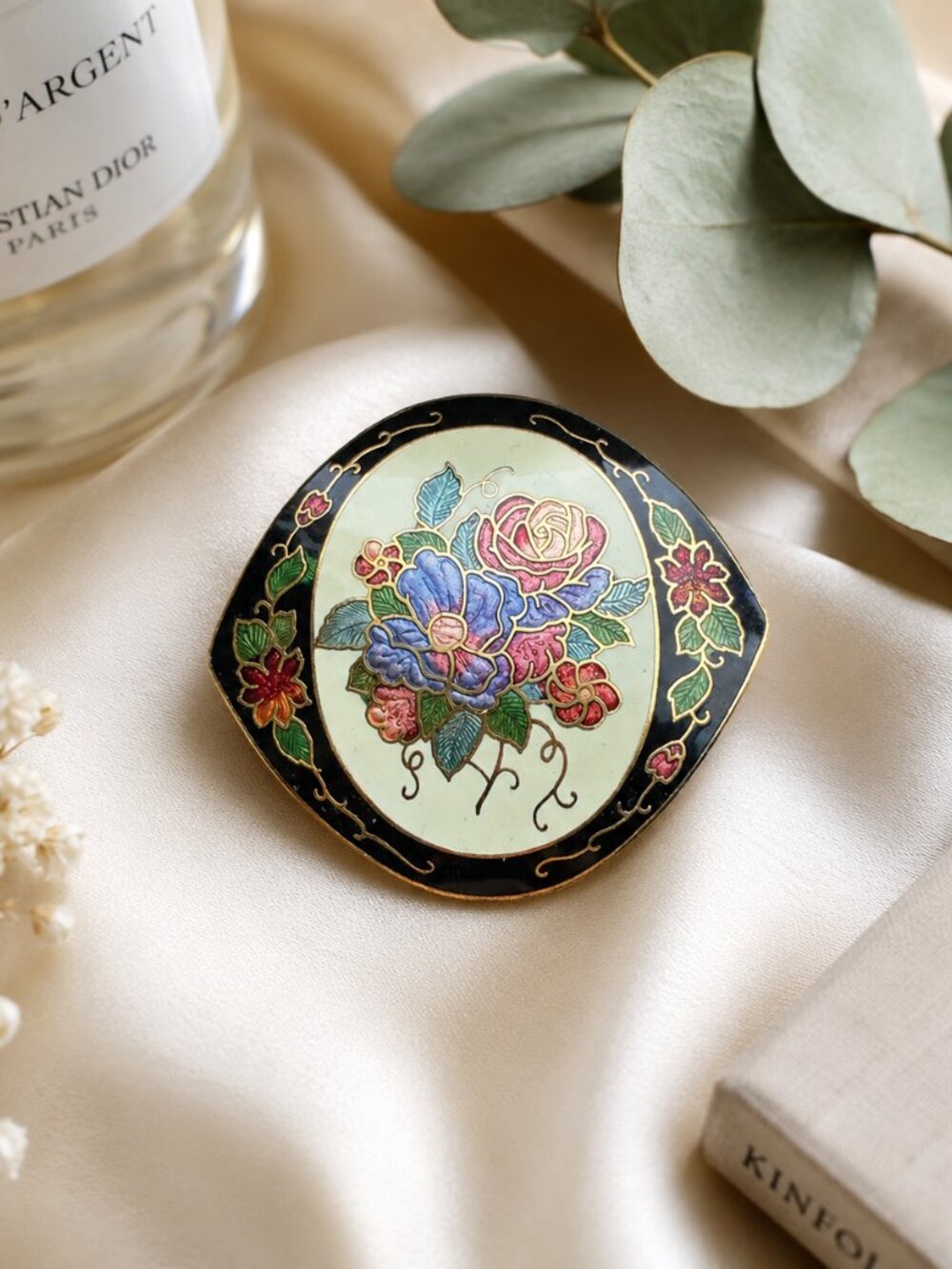 Vintage Cloisonne Enamel Floral Scarf Clip Gold Tone Blue Pink Rose